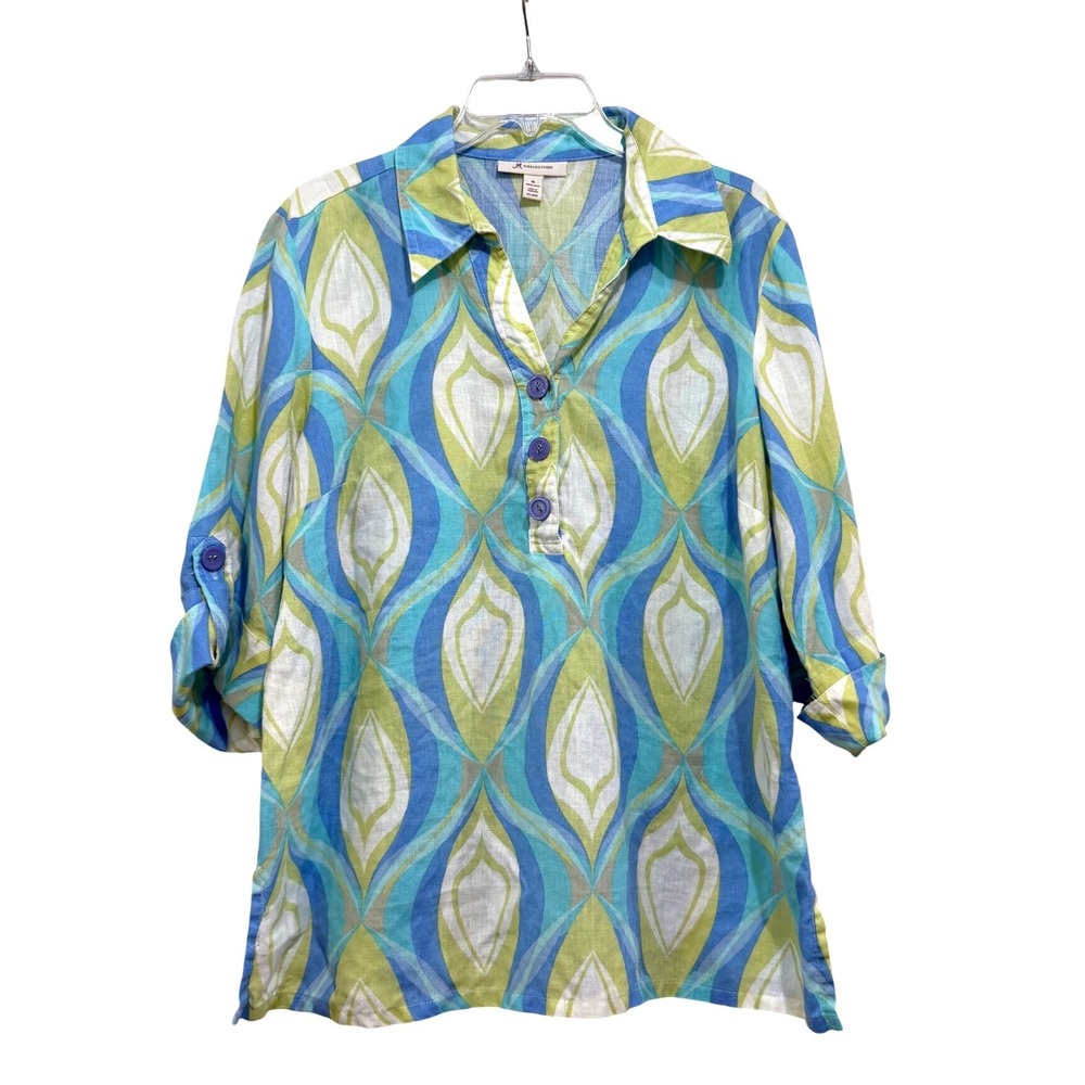 JM Collection Women Blue Lime Green Geometric 100% Linen Roll Tab Tunic Top 16
